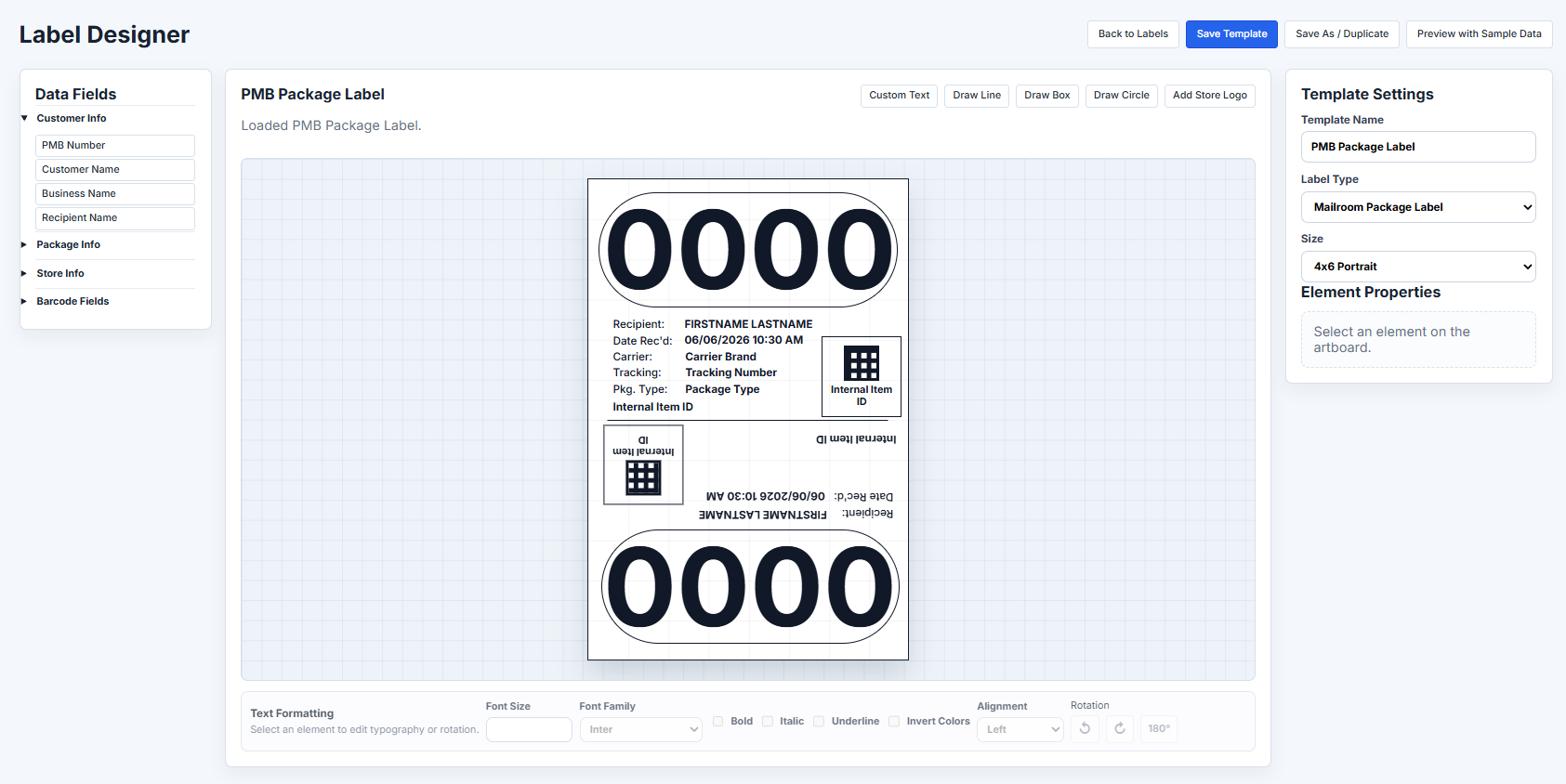 MailroomIQ label designer showing package label layout tools and store-level handling fields.