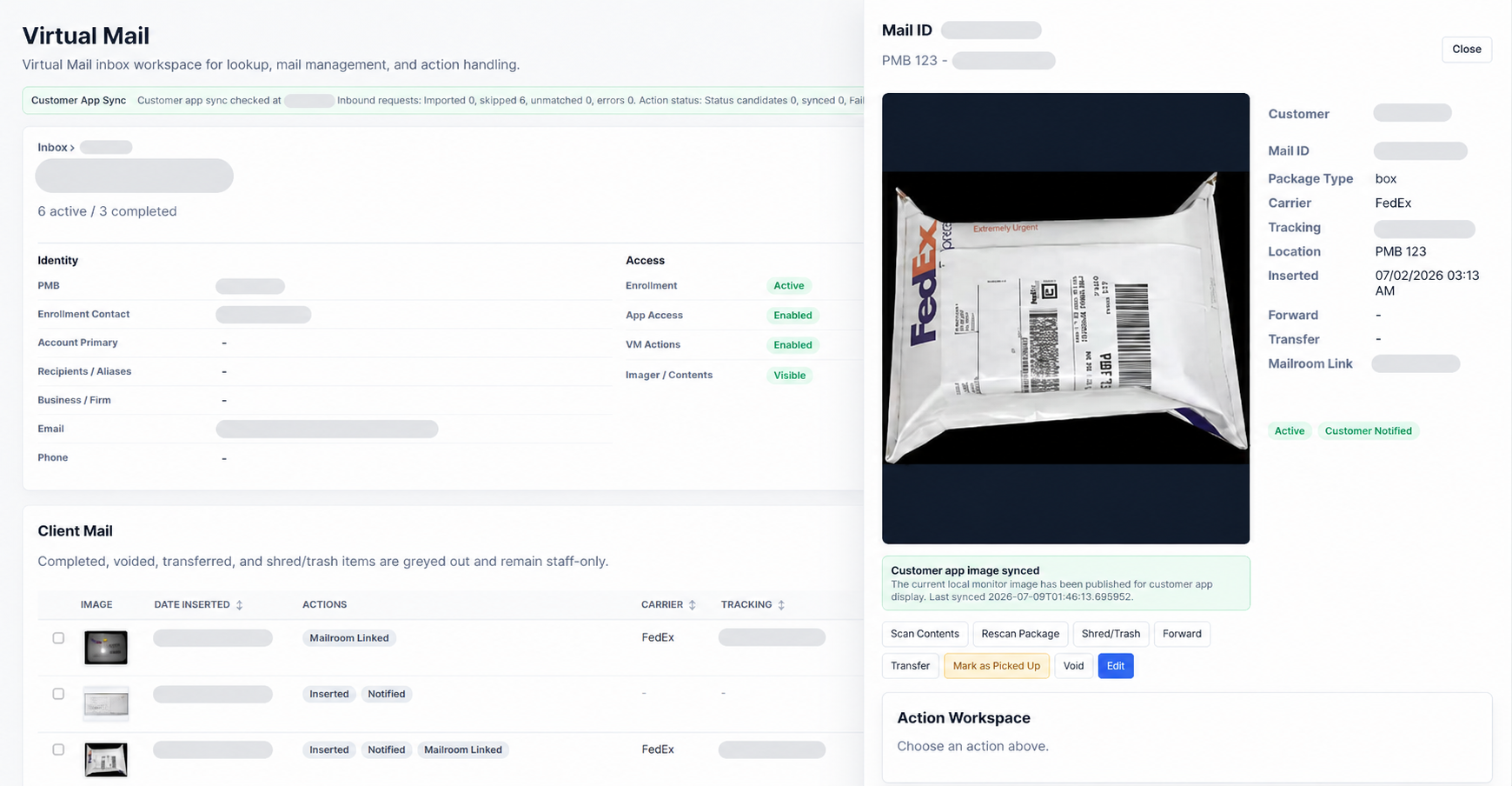 Virtual Mail intake workspace showing customer context, package review, notification status, and staff action controls.